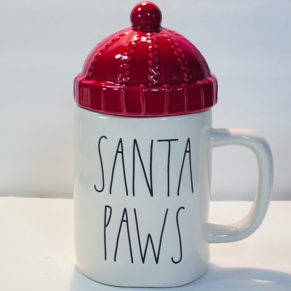Santa Paws Rae Dunn Christmas Mug Red Knit Hat Beanie Lid Ceramic Holiday 7"